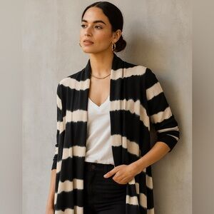 Karen Millen Black and Cream Tie Dyed Striped Cotton Cardigan Sweater Wrap